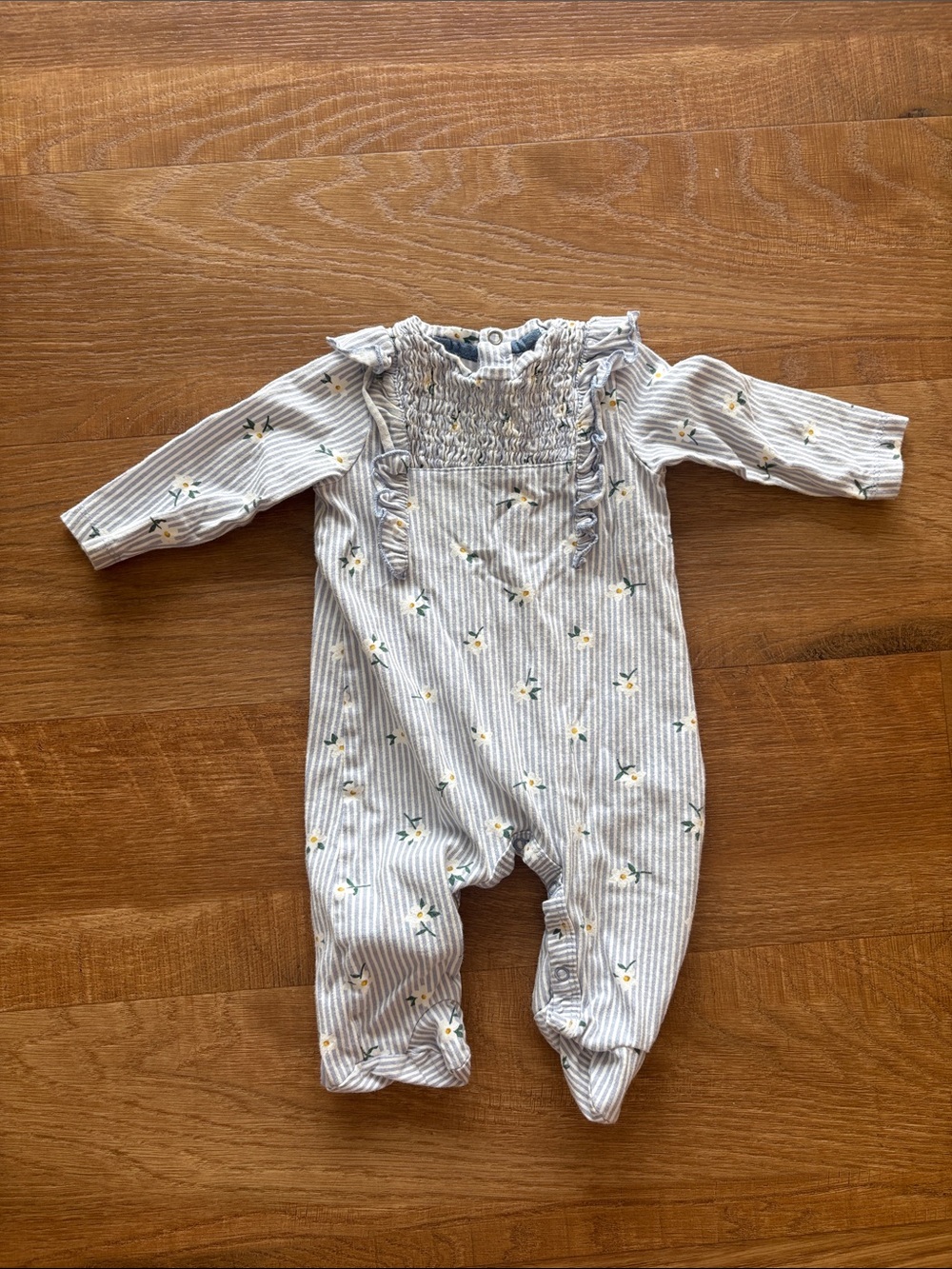 7 For All Mankind Blue and White Striped Floral Smocked One-Piece